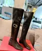 Latest Women's Over Knee Long Boots Low Heel Square Headed Inner Side with Zipper Gold Buckle
