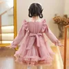 Girl's Dresses Children's Princess Dress Pompadour Mesh 3-12 Year Old Children Autumn Winter Long Sleeve Bow Solid Color Dress 231204