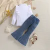 Ensembles de vêtements 0 4Y Filles Automne Tenues Bébé Volants À Manches Longues Revers Chemises Blanches Bow Flare Jeans Enfant Denim Pantalon Ensemble Enfants Vêtements 231204