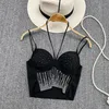 Tanques femininos Moda coreana Diamante inserir camisetas sem mangas backless halter tanque preto tops de verão túnica casual com espartilho do peito