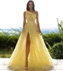 New Yellow Evening Party Dress 2024 One Shoulder Beads Sequin Tulle Side Split Sexy Women Formal Prom Gown Avondjurk Vestiddos De Feast