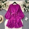 Casual Dresses Party Woman Long Voluminous Sleeve Vintage Elegant Dress with Belt Women Round Neck Ruffle Hem Short