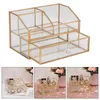 Makeup Brushes Luxury Glass Box Clear Gold Tone Metal Jewelry Storage Case Cosmetic Lipstick Holder Organizer With Drawer