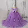 Robes de concours pour filles, faites à la main, à fleurs violettes 3D, pour mariage, robes de fête d'anniversaire transparentes avec nœud, première Communion