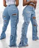 Jeans Femme Taille haute déchiré découpe frange jean automne 2023 femmes Denim bleu trou gland poche bouton Long Y2k pantalon évasé T231204