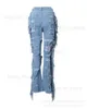 Jeans Femme Taille haute déchiré découpe frange jean automne 2023 femmes Denim bleu trou gland poche bouton Long Y2k pantalon évasé T231204