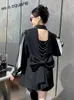 レディーススーツブレザーシックな長袖ブラックブレザー女性バックレスホローチェーンボウホワイトランタンスリーブジャケット韓国薄いコート231204