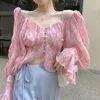 Blouses Femmes Sexy Kawaii Doux Col Carré Imprimer Party Club Crop Tops Pour Femmes Mode Plissée Slim Manches Longues Chic Chemises En Mousseline De Soie