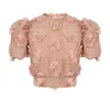 Kvinnors T-skjortor Summer Fairy Floral Kort tröja Kvinnor Sticked Pink O-Neck Puff Sleeve Croped Tops Bottoming Stretchy Clothes Pullover