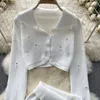 Work Dresses Korean Style White Hollow Out Knitted Suit Brown Polo Collar Buttons Design Short Cardigan Single Breasted Mini Skirt Women Set