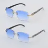 Luxury Diamond Cut Lens Rimless Mens Solglasögon för kvinnor Designer Stora fyrkantiga Original Black Marbled Buffalo Horn Sun Glasses Ramar för C -dekoration Gafas de Sol