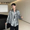 Mäns casual skjortor noymei långärmad silver fashionabla män skjorta lapel singel breasted löst reflektera lätt nattklubb koreansk stil man