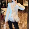 Kvinnorjackor Vit Tassel Feather Woolen Coat Women Autumn Winter Elegant Socialite Double-Breasted High-klass Mångsidig kashmirjacka