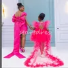 Plus -storlek Hot Pink Aso Ebi aftonklänning med Bow Train Elegant Pärled Short African Black Girls Prom Dress 2024 Short Sleeve Corset Formell Engagement Formell klänning