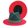 Beralar moda koyu yeşil ve kırmızı patchwork yünü keçe fedora şapkası kadınlar zarif bayan geniş ağızlı caz lüks şapkaları 2023
