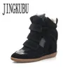 Обувь, увеличивающая рост JINGKUBU, модная повседневная обувь из натуральной кожи, увеличивающая рост, женские кроссовки на скрытой танкетке, кроссовки с липучками, высокие кроссовки 231204