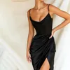 Casual Kleider Prowow Sexy Frauen Mid Kleid Einfarbig Satin Saum Schlitz Geburtstag Party Club Tragen 2023 Design Falten Für dame