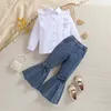 Conjuntos de roupas 0 4y meninas outono roupas bebê ruffle manga longa lapela camisas brancas arco flare jeans criança calças jeans conjunto crianças roupas 231204