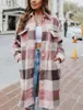 Kvinnors blusar 2023 Autumn Lapel lång ärm Plaid Woolen Shirts Coat Jacket Mellanlängd Streetwear Loose Casual Tops