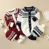 Rompers Baby Girls Boys Christmas Sweater Jacquard Clothes Long Sleeve O neck Button up Romper Hat Fuzzy Ball Year Jumpsuits 231204