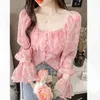 Blouses Femmes Sexy Kawaii Doux Col Carré Imprimer Party Club Crop Tops Pour Femmes Mode Plissée Slim Manches Longues Chic Chemises En Mousseline De Soie