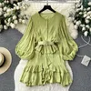 Casual Dresses Party Woman Long Voluminous Sleeve Vintage Elegant Dress with Belt Women Round Neck Ruffle Hem Short