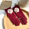 Fashion designer handmade velvet cream camellia split finger gloves, pearl rings, autumn and winter warm plush handmade gloves for women