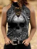 Kvinnors tankar Camis 2022 Kvinnor Fashion Summer Turtle Neck Skull and Floral Print T Shirt Gothic Cutout Sleeveless Top Boho Black The New Top T231204