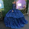 Sparkly Princess Navy Blue Off Shoulder Quinceanera Dresses 2024 Spets Applique Pärlor Sweet 16 Ball Gown Vestidos DE 15 ANOS