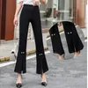 Calças femininas primavera cintura alta renda flare preto plus size elástico fenda hem perna larga calças elegante moda feminina roupas