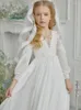 Sukienki dla dziewcząt sukienka kwiatowa biała szyfon z welonem A-line aplikacje długie rękawy dopasowanie urodzin formalny impreza Pierwsza suknia komunalna