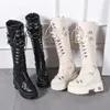 Bottes 10cm Talon Moto Noir Genou Haute Punk Cosplay Mode Goth Wedges Plate-Forme Talons Boot Chaussures 231204