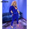 Kvinnors tvådelade byxor CM.Yaya Autumn Winter Streetwear Sequins Women's Set Zipper Fly Jacket and Pants Set Tracksuit Two Piece Set Fitness Outfits T231204