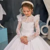 Robes de fille robe à fleurs blanc Satin dentelle brillant à manches longues mariage élégant petit enfant Communion fête princesse