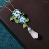 Pendant Necklaces National Fashion Design Gold-Plated Enamel Painted Flower Clusters Magnolia Imitation Hetian Jade Court Vintage Necklace