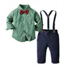 Conjuntos de roupas coreano crianças bebê menino remendo camisa de bolso suspender calças laço cavalheiro jogo outono oem personalizado