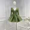 Casual Dresses Solid 2023 Green Arrivals Spring Summer Vintage High Quality Linen Silk Long Sleeve Waist Folds Woman Mini Dress For Party