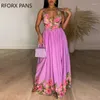 Casual Dresses Women Chic All Over Print Spaghetti Straps V Neck Midriff Sleeveless High Silt Maxi Sexy Dress