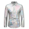 Camisas casuais masculinas moda retro discoteca vestido de festa camisa brilhante manga longa único breasted lapela topos homens boate roupas de palco