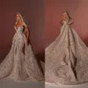 Wunderschöne Meerjungfrau-Hochzeitskleider mit V-Ausschnitt, Spitze, Pailletten, ärmellose Brautkleider, abnehmbare Schleppe, maßgeschneiderte Robe De Mariee