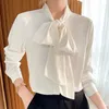 Damesblouses 2023 Dames Mode Lange Mouwen Vlinder Strikje Blouse Effen Kleur Zijde Satijn Shirt Dunne Casual Tops Dames