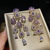 Boucles d'oreilles pendantes de haute qualité en Zircon violet, boucles d'oreilles de mariage en zircone cubique pour femmes, accessoires de mariée, bijoux de robe de soirée