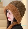 Berets Plush Edge Beanie Cap Doce À Prova de Vento Inverno Quente Chapéu De Malha Lace Up Ear Protetor Outono