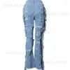 Jeans Femme Taille haute déchiré découpe frange jean automne 2023 femmes Denim bleu trou gland poche bouton Long Y2k pantalon évasé T231204