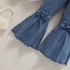 Kleidung Sets 0 4Y Mädchen Herbst Outfits Baby Rüschen Langarm Revers Weiße Hemden Bogen Flare Jeans Kleinkind Denim Hosen set Kinder Kleidung 231204