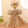 Kız Elbiseler Zarif Sulak Puf Sleeve Kızlar Doğum Günü önlükleri O boyun eğrili çiçek elbisesi prenses balo elbisesi junior nedime