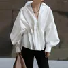 Magliette da donna Lemongor Moda coreana Maniche lunghe Camicette bianche a pieghe larghe 2023 Primavera Estate Scollo a V Colletto con risvolto Top per le donne