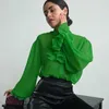 Blouses pour femmes Volants Chemise en mousseline de soie verte Femmes Élégant Printemps Haut d'automne Chemises à manches longues Blouse Lâche Mode Vêtements Blusas 28669