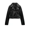 Kadın Ceketleri 2023 İlkbahar ve Sonbahar Fermuarı Motosiklet Deri Yaku Siyah Pu İmitasyon Ceketi