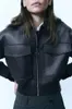 Blouson bombardier en simili cuir pour femme, manteau avec poche et fermeture éclair, couleur unie, noir, manches longues, basique, automne et hiver 2023